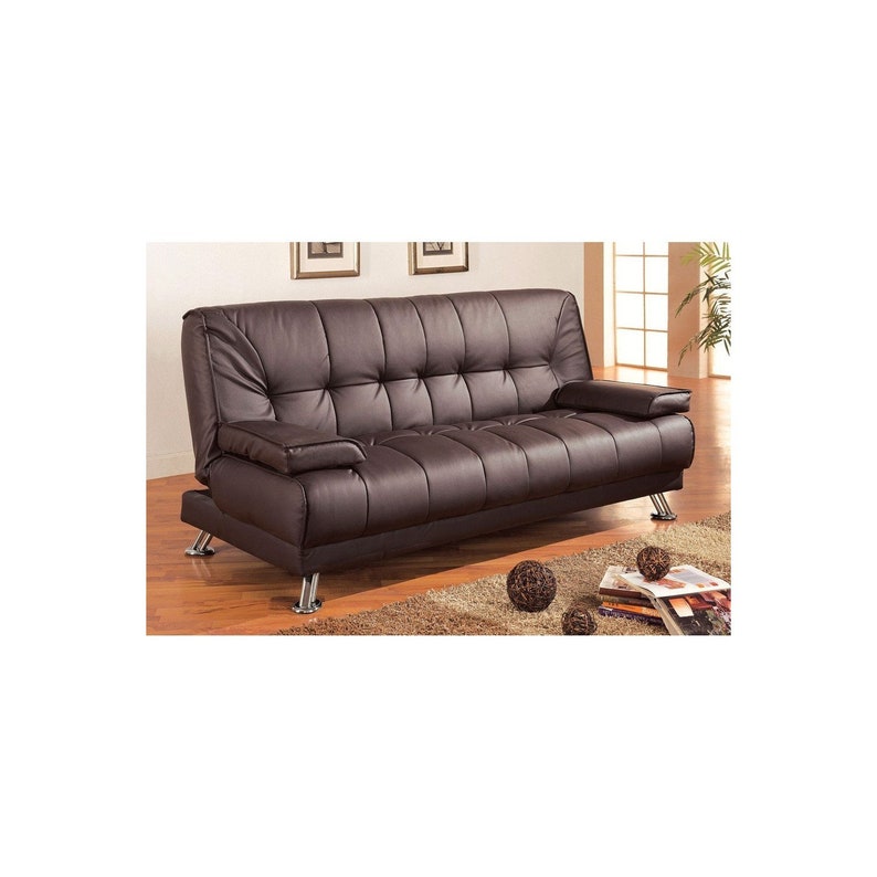 Modern Contemporary Futon Style Sleeper Sofa Bed In Brown Faux Leather