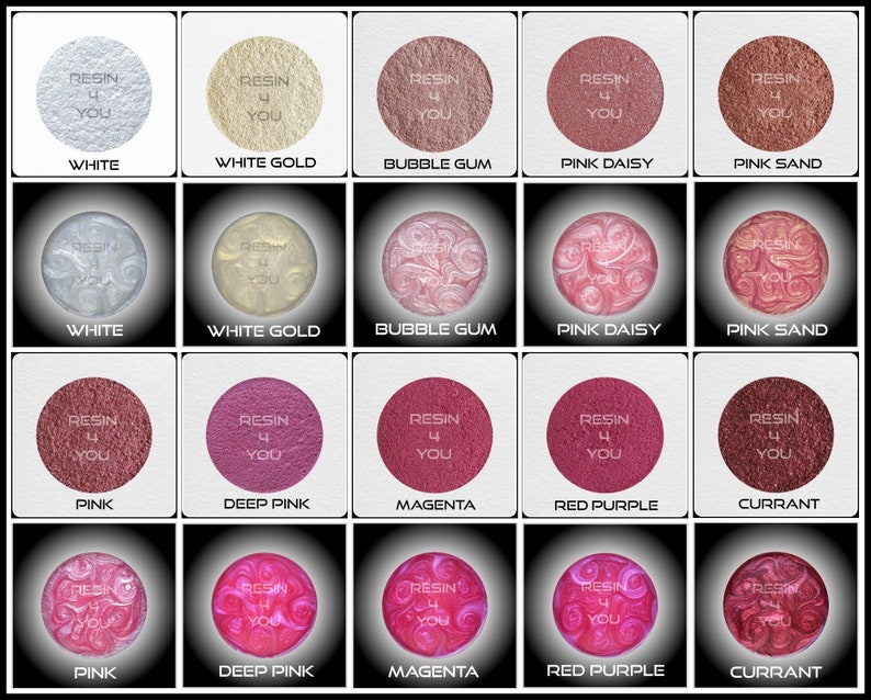 K&ouml;nnte beinhalten: Eine Sammlung von 10 verschiedenen farbigenen Harzproben, jede mit dem Text "Resin 4 You" in wei&szlig;er Schrift. Die Farben sind wei&szlig;, wei&szlig;gold, Kaugummi, rosa Daisy, rosa Sand, rosa, tiefrosa, magenta, rotviolett und Johannisbeere.