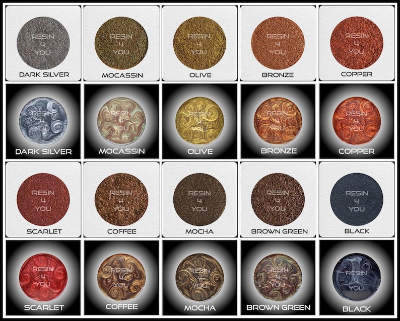 K&ouml;nnte beinhalten: Eine Sammlung von 20 Harzproben in verschiedenen Farben, darunter Dunkel Silber, Oliv, Bronze, Kupfer, Scharlachrot, Kaffee, Mokka, Braun Gr&uuml;n und Schwarz. Jede Probe tr&auml;gt den Text "Resin 4 You".