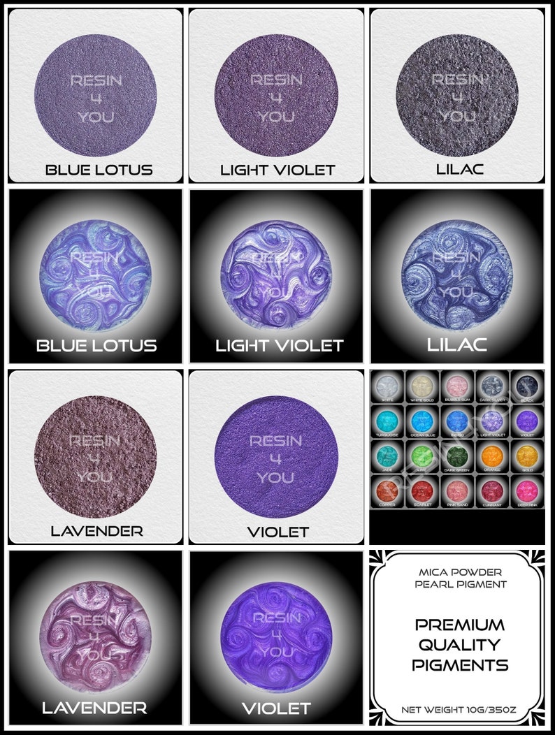 K&ouml;nnte beinhalten: Eine Sammlung von acht Perlmuttpigmenten aus Mica-Pulver in verschiedenen Blaut&ouml;nen, Violett- und Lavendelt&ouml;nen. Die Pigmente sind mit dem Markennamen "Resin 4 You" und den Farbnamen "Blue Lotus", "Light Violet", "Lilac", "Lavender" und "Violet" gekennzeichnet. Das Bild enth&auml;lt auch ein Etikett mit der Aufschrift "Mica Powder Pearl Pigment Premium Quality Pigments Net Weight 10g/350z".