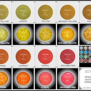 K&ouml;nnte beinhalten: Ein Set mit 12 Mica-Pulverpigmenten f&uuml;r die Harzkunst. Die Pigmente sind in einem Raster angeordnet mit Beschriftungen f&uuml;r jede Farbe, darunter Hellgelb, Zitrone, Gelb, Goldgelb, Gold, Orange, Karotte, Koralle und Orangerot. Das Bild zeigt auch eine Nahaufnahme der Pigmente in kleinen Gl&auml;sern.
