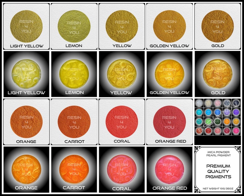 K&ouml;nnte beinhalten: Ein Set mit 12 Mica-Pulverpigmenten f&uuml;r die Harzkunst. Die Pigmente sind in einem Raster angeordnet mit Beschriftungen f&uuml;r jede Farbe, darunter Hellgelb, Zitrone, Gelb, Goldgelb, Gold, Orange, Karotte, Koralle und Orangerot. Das Bild zeigt auch eine Nahaufnahme der Pigmente in kleinen Gl&auml;sern.