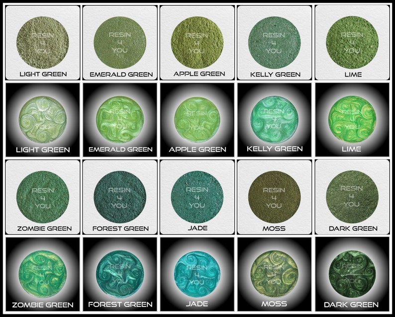 K&ouml;nnte beinhalten: Eine Sammlung von 10 gr&uuml;nen Harzfarben, jede in einem kleinen runden Beh&auml;lter. Die Farben sind mit ihren Namen beschriftet: Hellgr&uuml;n, Smaragdgr&uuml;n, Apfelgr&uuml;n, Kellygr&uuml;n, Limette, Zombiegr&uuml;n, Waldgr&uuml;n, Jade, Moos und Dunkelgr&uuml;n.