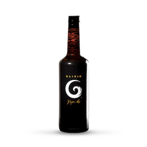 May include: A tall, black bottle of "Elixir Ginger Mix" with a white "G" logo and gold text. The bottle's neck features a brown, patterned design. The bottle contains 750 ml (25.4 fl oz).