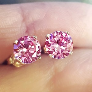 Natural VS Genuine Medium Pink Sapphire 14K Solid Yellow Gold Studs Earrings. Pink Diamond Alternative Jewelry. Push Back Studs Earrings