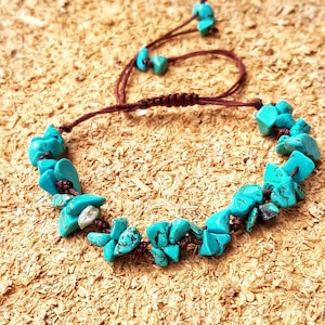 Natural Raw Blue Turquoise Eye Chip Bracelet Charm Jewelry Crystal Beaded Adjustable Rope Boho Hippy Yoga Strength Protection Intuition Knot