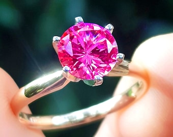 Natural VS Pink Sapphire Solitaire Solid 14K Yellow Gold Ring. Engagement Wedding Ring. Pink Diamond Alternative. Dark Pink Stone Jewelry