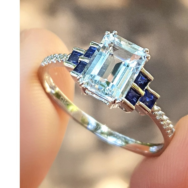 Natural 2.38ct Aquamarine Blue Sapphire 6 Diamond Solid White 9K Gold Ring Cocktail Dress Something Blue Engagement Wedding Pave Statement