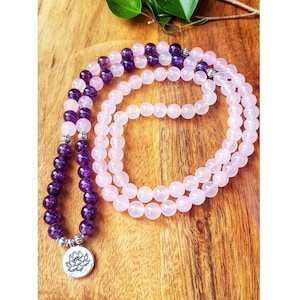 108 Mala Prayer Beads Natural Amethyst Rose Quartz Necklace Bracelet Charm Lotus Yoga Spiritual Meditation Chakra