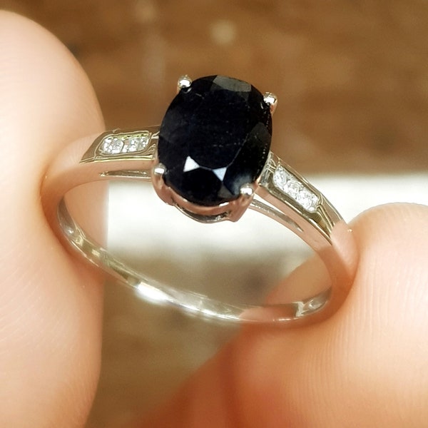 Genuine Natural Black Sapphire Diamond Ring Jewelry Solid White 9K Gold Engagement Wedding Dress Pave Gothic Cocktail Stack Stacking Ring