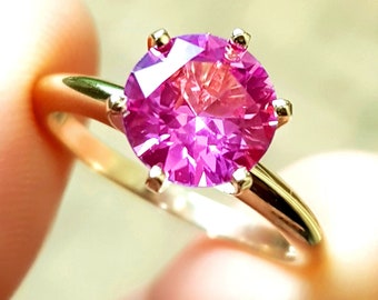 Genuine Natural Pink Sapphire Solitaire Ring Solid 14K Yellow Gold Engagement. Pink Diamond Alternative. Wedding Ring. Round Pink Jewelry