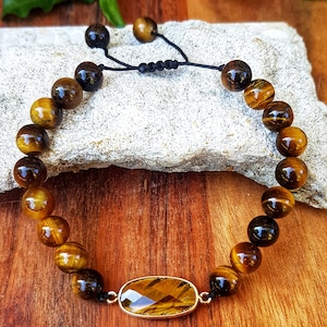 Pulsera de ojo de tigre natural con abalorios de cristal de 8 mm, ajustable, con conexión a tierra, protectora, curativa, armonía, equilibrio y yoga.