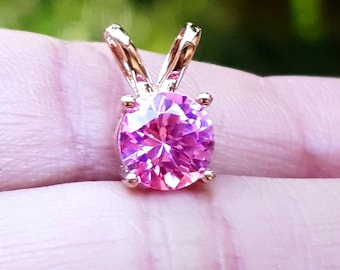 Genuine Natural VS Pink Sapphire Solid 14K Rose Pink Gold Pendant Necklace. Pink Diamond Alternative. Round Sapphire Rose Gold Jewelry
