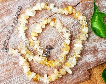 Natural Raw Yellow Chip Citrine Necklace Choker Jewelry Crystal Beaded Stainless Steel Chain Adjustable Boho Wealth Prosperity Creativity