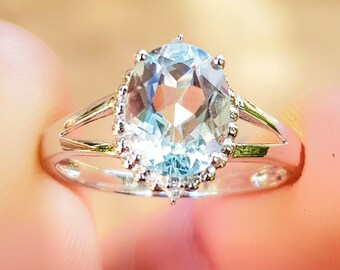 Genuine Natural 1.7ct Blue Aquamarine Diamond Solid White 9K Gold Ring Engagement Wedding Dress Pave promise Cocktail Statement FREE RESIZE
