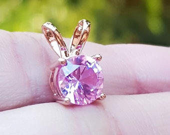 Genuine Natural VS Baby Pink Sapphire Solid 14K Rose Gold Pendant Necklace. Round Pink Diamond Alternative. Pink Gem Jewelry Pendant