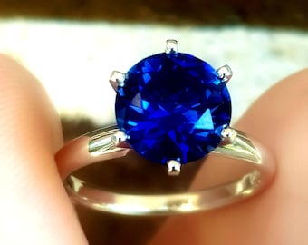 Genuine Natural 3.4CT VS Blue Sapphire Solitaire Solid 14K White Gold Ring. Engagement Wedding Ring. Something Blue Ring. Jewelry Bridal