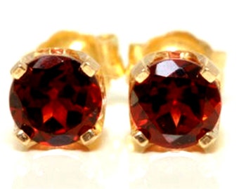 Natural Round VS Garnet 14K Solid Yellow Gold Studs Earrings. Round Red Garnet Jewelry. Garnet Gold Push Back Studs Earrings. January Stones