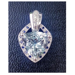 Genuine 3.10ct Natural Aquamarine Blue Sapphire Diamond Solid 9K White Gold Pendant Necklace Cocktail Promise Bridal Wedding Something Blue