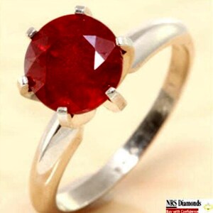 Genuine Natural Red Ruby Solitaire Solid 14K White Gold Ring. Cocktail Engagement Wedding Ring. Diamond Alternative. Round Red Gold Jewelry