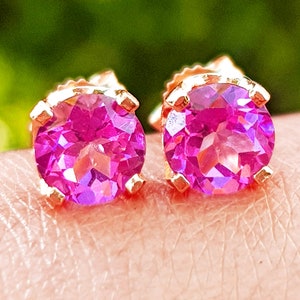 Genuine Natural Round VS Pink Topaz 14K Solid Yellow Gold Studs Earrings. Anniversary Wedding Push Back Earrings. Round Pink Jewelry Studs