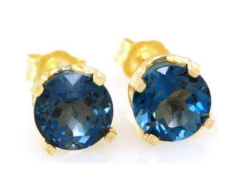 Natural VS Blue London Topaz 14K Solid Yellow Gold Stud Earrings. Blue Diamond Alternative. Something Blue Earrings. Wedding Stud Earrings