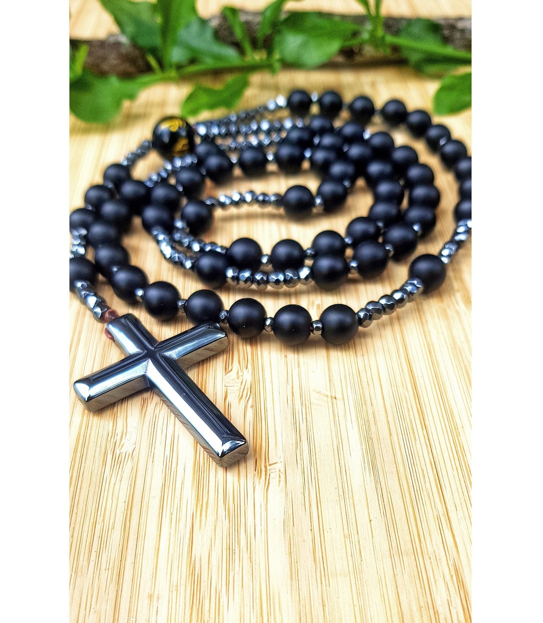 Natural Matte Black Onyx Cross Necklace Pendant. Hematite. Christian Catholic Christ Rosary