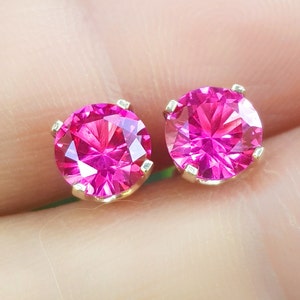 VS Natural Genuine Pink Sapphire 14K Solid Yellow Gold Studs Earrings. Pink Stone Jewelry. Pink Diamond Alternative. Push Back Earrings