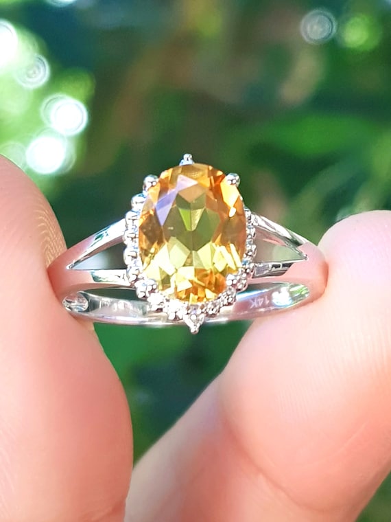 Citrine and Diamond Engagement Ring with Engraving in 14k white gold  (GR-2126)