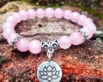 Natural Pink Rose Quartz Bracelet. Charm Jewelry Crystal Beaded Bracelet. Talisman Lotus Love Trust Harmony Friendship Relationship Bracelet