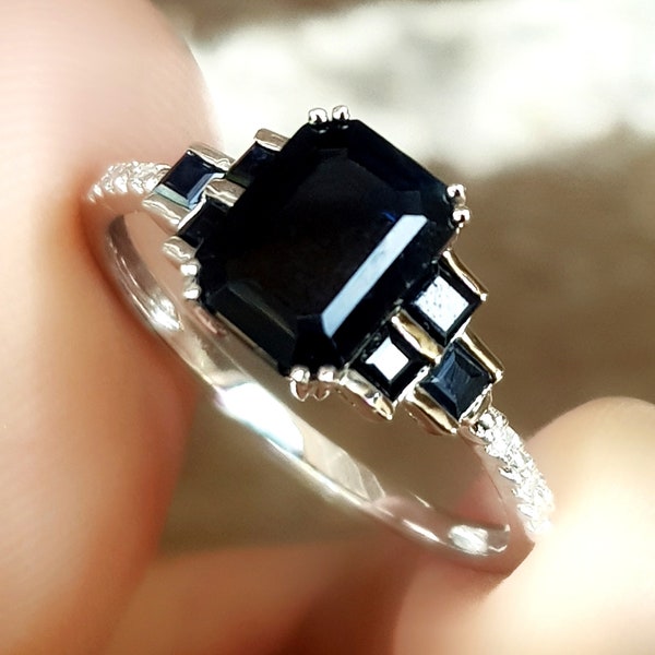 Genuine Natural 2.3ct Black Sapphire 6 Diamond Solid White 9K Gold Ring Cocktail Dress Engagement Wedding Band Anniversary Statement Promise