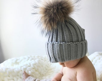 Baby real fur hat, Heather grey baby hat, Tweed grey knit hat, Toddler baby hat, Winter hat for babies, Baby shower gift, Kids winter hat