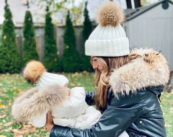 Cotton Mommy and Baby Matching Hats, Real Fur Pom Pom Beanies, Twinning mama and newborn hats, Family twinning, Winter hat Baby Shower Gift