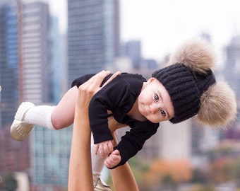Cotton Children's Double Pom Pom Hat, Modern kids real fur Pom Pom hat, Warm winter baby hat, Fluffy PomPom hat, Quality kids hat, Baby gift