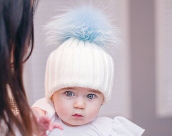 Blue Pom Pom Hat for baby, Real Fur Pom Pom hat, Baby knit Pom Pom hat, Toddler hat, Winter hat for babies, Coloured Pom Pom hat, Beanie