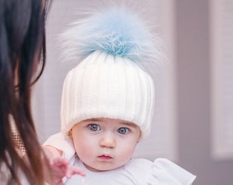 Blue Pom Pom Hat for baby, Real Fur Pom Pom hat, Baby knit Pom Pom hat, Toddler hat, Winter hat for babies, Coloured Pom Pom hat, Beanie
