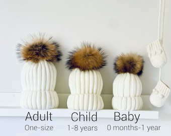 Mommy and Me Matching Hats, Infant Hats, Toddler winter Hats, Real Fur Pom Pom Hat, Baby Pom Pom Hat, knit hat, Adult hat, Family Photo hats