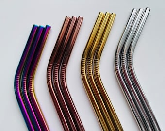 Stainless Steel Straws, Reusable Steel Straws, Rainbow Stainless Steel Straws, Bent Straws, Straight Straws