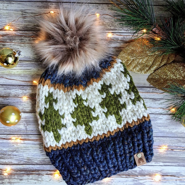 Pine Tree Hat, Ski Tuque, Knit Winter Beanie