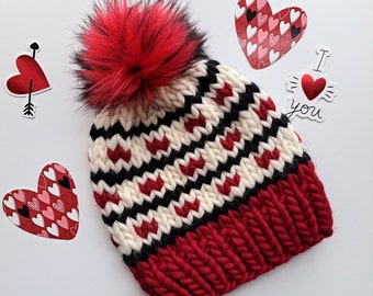 Merino Wool Knit Hat with Faux Fur Pom Pom, Little Hearts Beanie