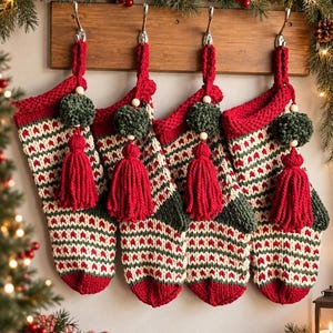 Peut inclure: Quatre chaussettes de Noël assorties en tricot rouge, crème et vert foncé avec un motif géométrique. Chaque chaussette présente un revers en tricot rouge, un pompon vert foncé, une perle en bois et un grand pompon en laine rouge.