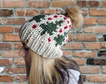 Pine Tree Hat, Ski Tuque, Knit Winter Beanie