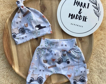 Harem Pants and Top Knot Set, Baby Outfit, Baby Shower, New Parent Gift, Handmade Baby Clothing, Australian Made, Farm Animals