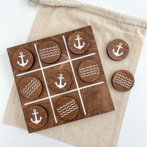 Coastal Tic-Tac-Toe Game | includes wooden board, 10 wooden game pieces, drawstring bag | Custom Coastal Image Pairing
