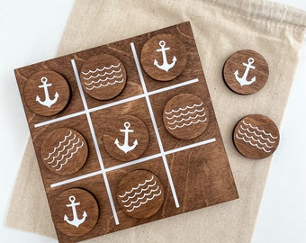 Coastal Tic-Tac-Toe Game | includes wooden board, 10 wooden game pieces, drawstring bag | Custom Coastal Image Pairing