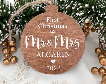 First Christmas as Mr & Mrs Wooden Ornament | First Christmas Married Ornament | 3.5 inches | Customizable Ornament