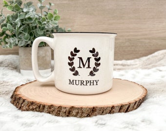 Custom Last Name Mug | Last Initial with Greenery | 18 oz mug | Dishwasher Safe | Microwave Safe | housewarming gift | engagement gift