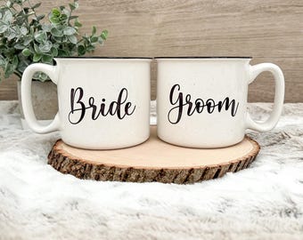 Bride and Groom Mug | 18oz | Dishwasher Safe | Microwave Safe | camper style mug | couples gift | engagement gift | wedding mugs