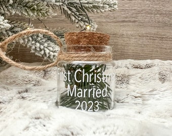 First Christmas Married Keepsake Bottle Ornament | glass bottle with cork | fill with your own tree branch clippings
