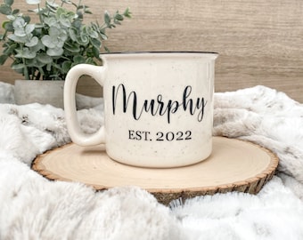 Last Name and Date Established Mug | 18oz | Dishwasher Safe | Microwave Safe | camper style mug